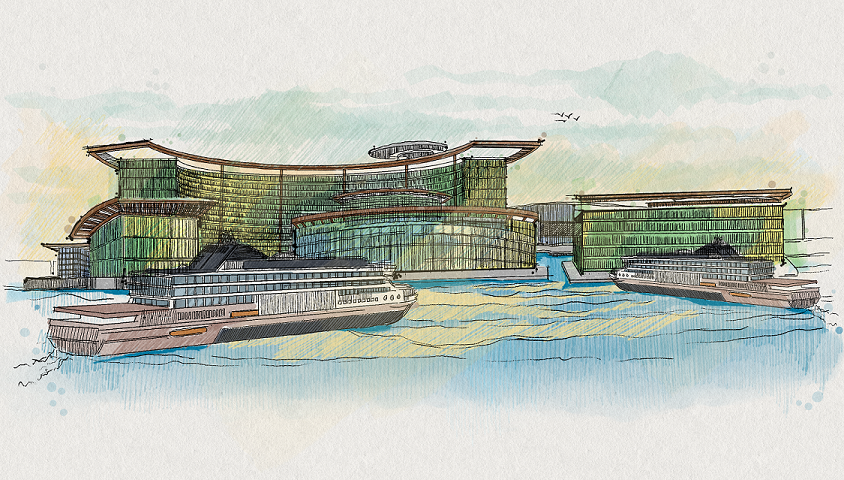 Concept of seasteading and cruise ships - side view