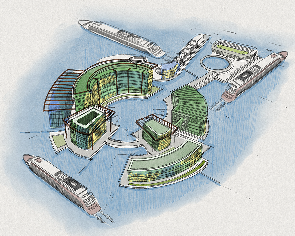 Concept of seasteading and cruise ships - aerial view
